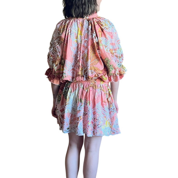 Juliet Dunn Pink Floral Cotton Dropwaist Blouson Puff Sleeve Dress US 2 4 - Picture 5 of 6